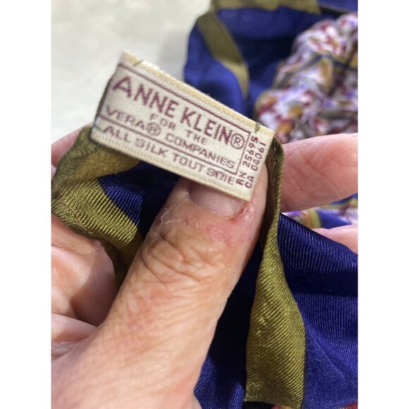 Square Silk Scarf Blue Multicolor Geometric Print With Green Border - Picture 3 of 4